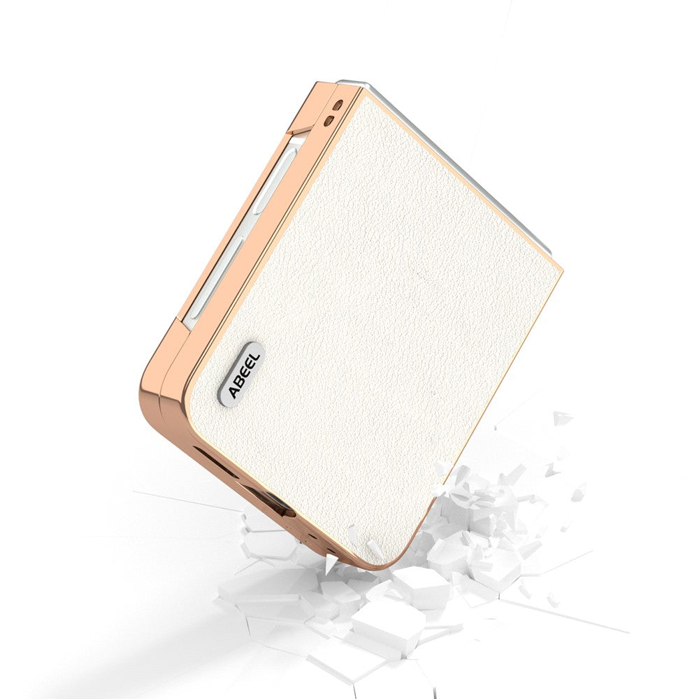 ABEEL For Samsung Galaxy Z Flip7 FE 5G / Z Flip6 5G Case Electroplating Edge Genuine Cow Leather+PC Phone Cover - Grey