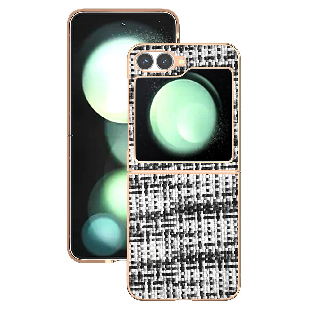 ABEEL For Samsung Galaxy Z Flip7 FE 5G / Z Flip6 5G Case Electroplating Edge Plaid Texture PU Leather+PC Phone Cover - Black+White
