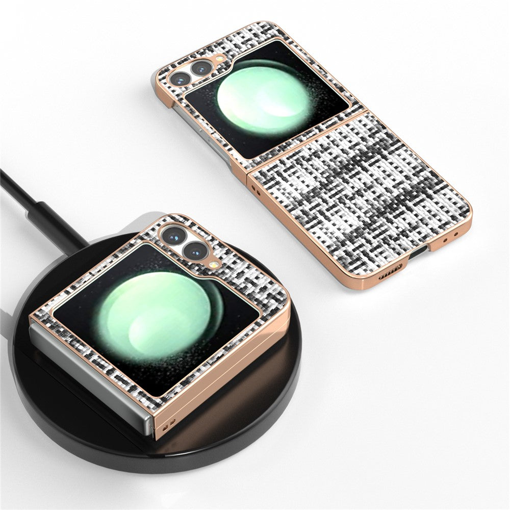 ABEEL For Samsung Galaxy Z Flip7 FE 5G / Z Flip6 5G Case Electroplating Edge Plaid Texture PU Leather+PC Phone Cover - Black+White