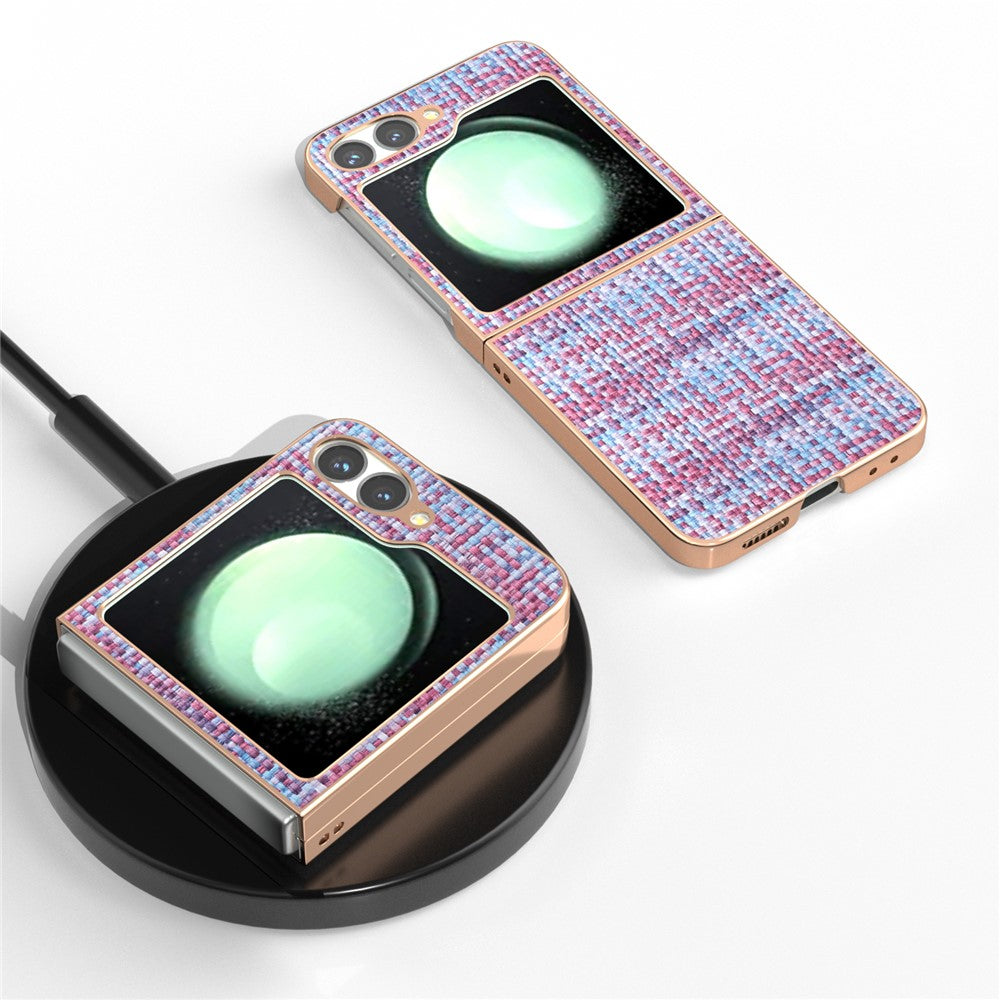 ABEEL For Samsung Galaxy Z Flip7 FE 5G / Z Flip6 5G Case Electroplating Edge Plaid Texture PU Leather+PC Phone Cover - Purple