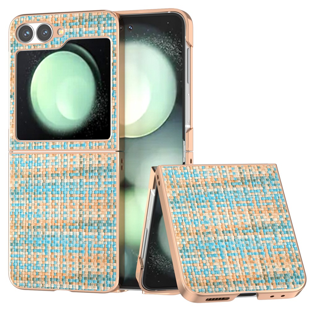 ABEEL For Samsung Galaxy Z Flip7 FE 5G / Z Flip6 5G Case Electroplating Edge Plaid Texture PU Leather+PC Phone Cover - Blue