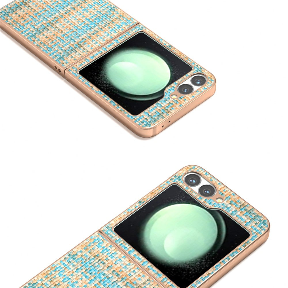 ABEEL For Samsung Galaxy Z Flip7 FE 5G / Z Flip6 5G Case Electroplating Edge Plaid Texture PU Leather+PC Phone Cover - Blue