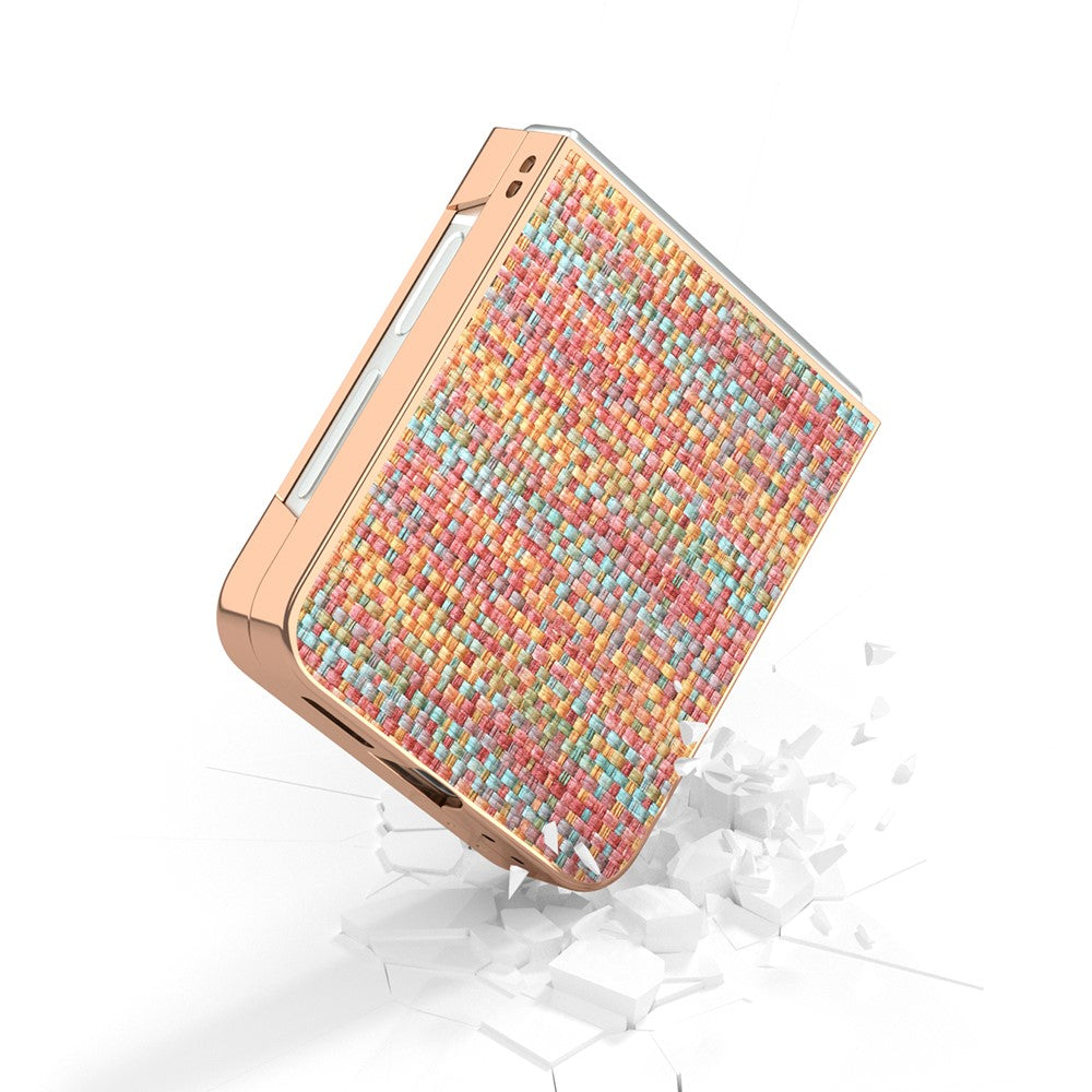 ABEEL For Samsung Galaxy Z Flip7 FE 5G / Z Flip6 5G Case Electroplating Edge Plaid Texture PU Leather+PC Phone Cover - Orange Red