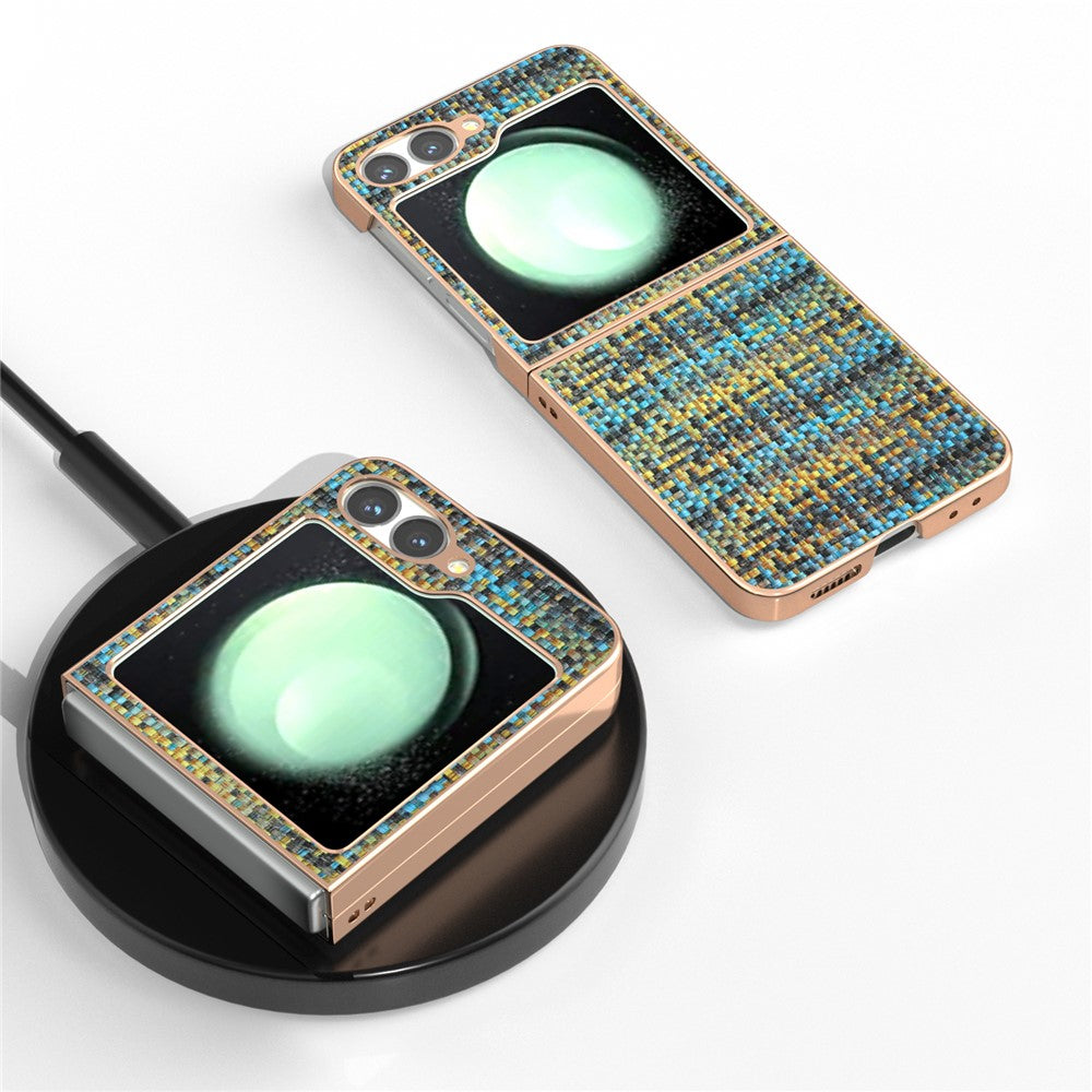 ABEEL For Samsung Galaxy Z Flip7 FE 5G / Z Flip6 5G Case Electroplating Edge Plaid Texture PU Leather+PC Phone Cover - Gold