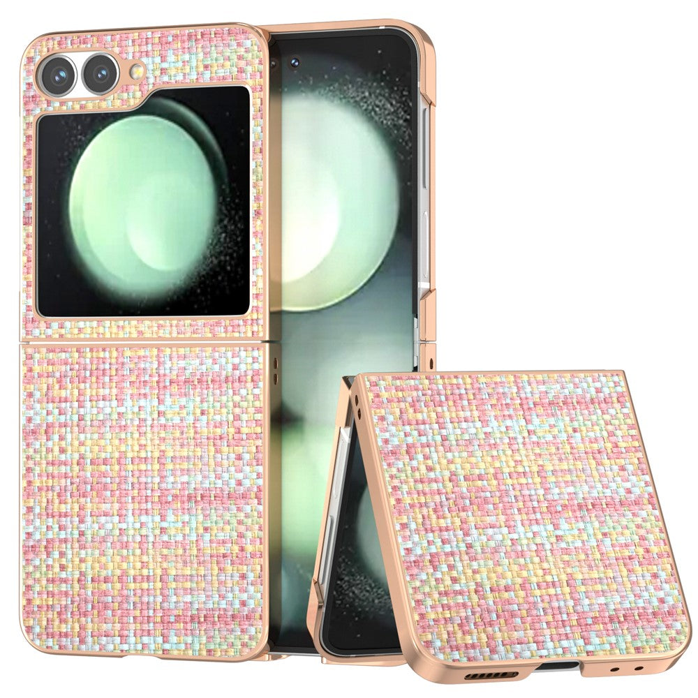 ABEEL For Samsung Galaxy Z Flip7 FE 5G / Z Flip6 5G Case Electroplating Edge Plaid Texture PU Leather+PC Phone Cover - Pink