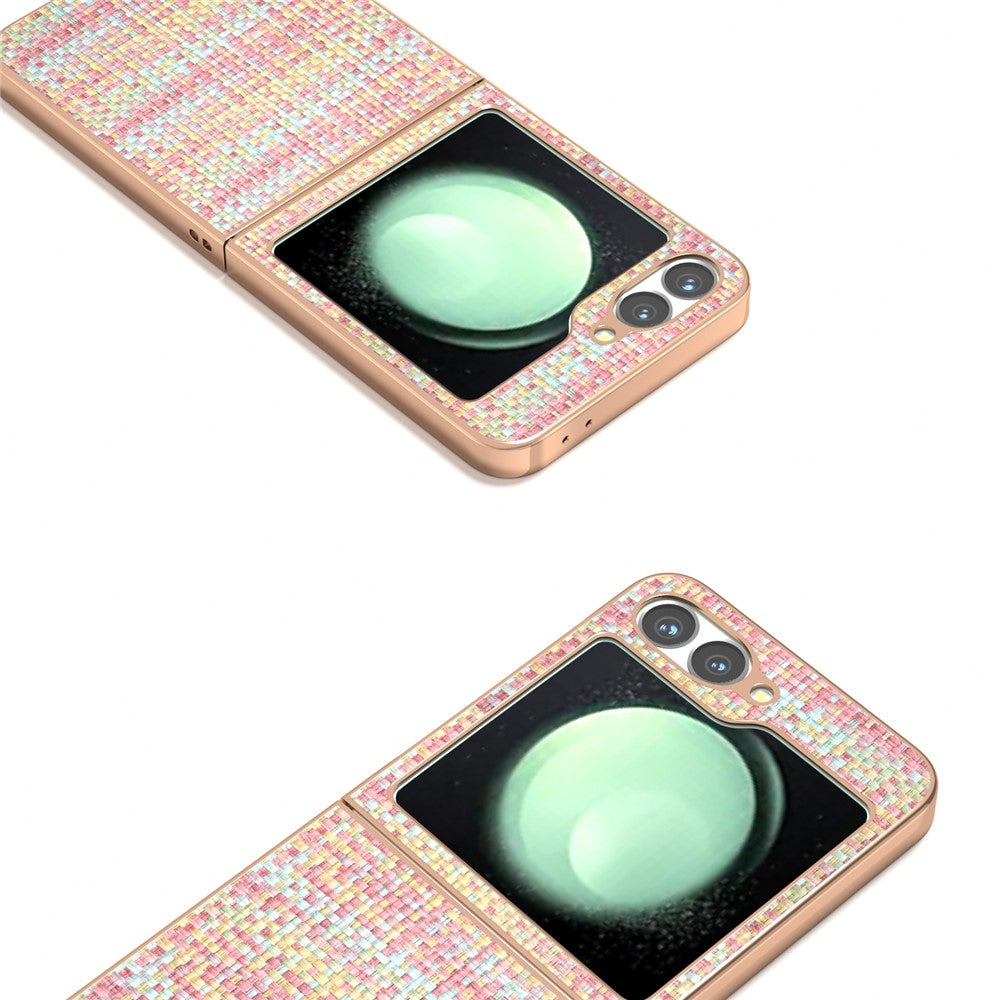 ABEEL For Samsung Galaxy Z Flip7 FE 5G / Z Flip6 5G Case Electroplating Edge Plaid Texture PU Leather+PC Phone Cover - Pink