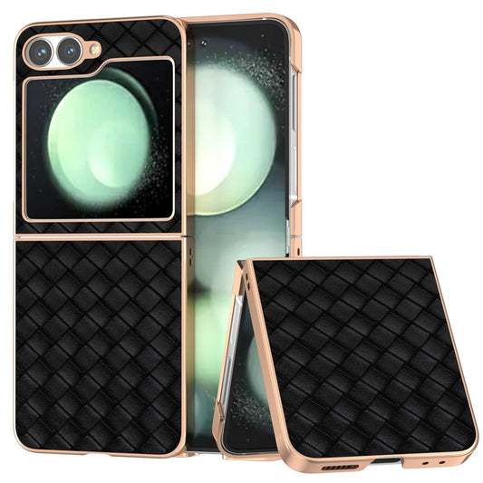 ABEEL For Samsung Galaxy Z Flip7 FE 5G / Z Flip6 5G Case Woven Texture Electroplating Edge Leather Coated PC Phone Cover - Black