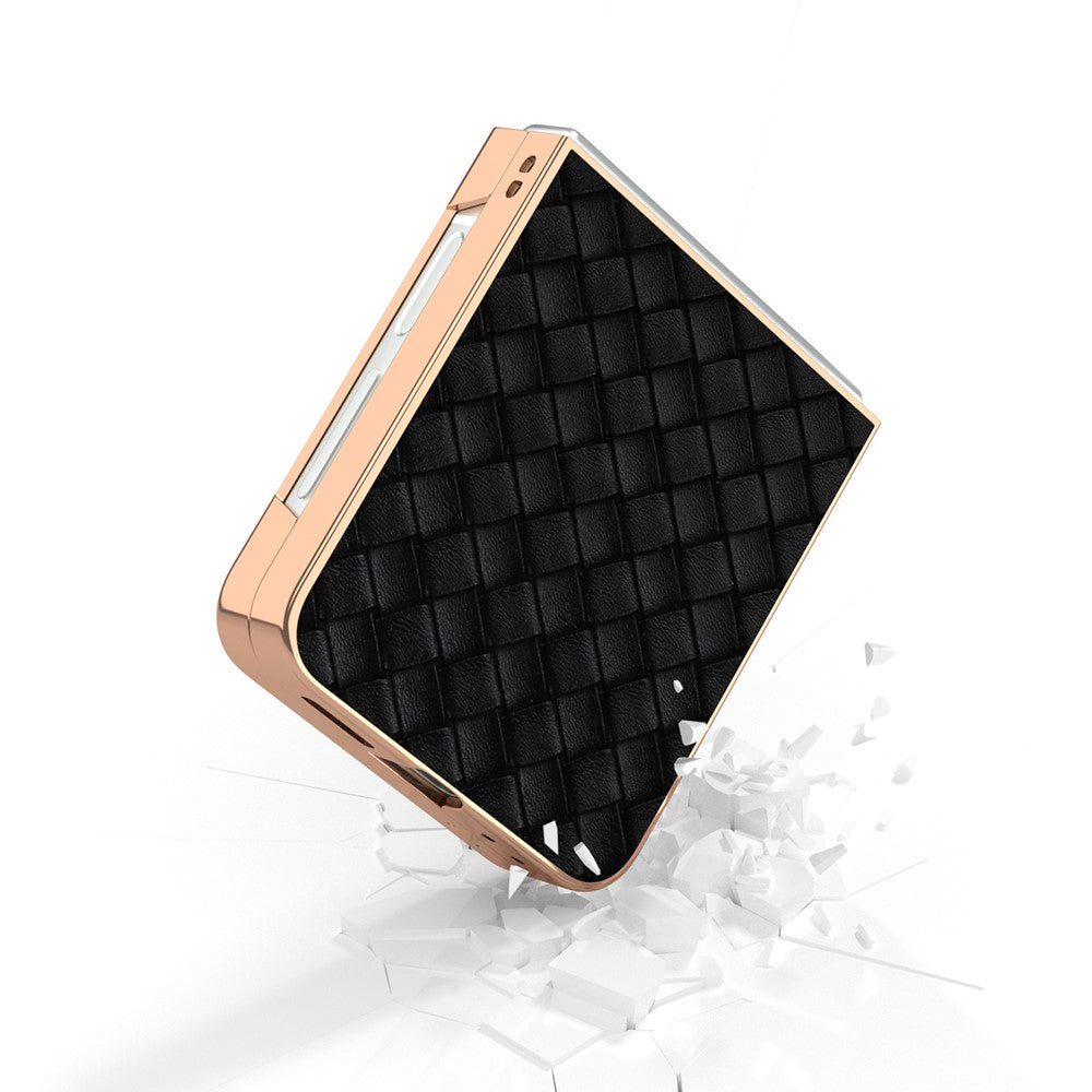 ABEEL For Samsung Galaxy Z Flip7 FE 5G / Z Flip6 5G Case Woven Texture Electroplating Edge Leather Coated PC Phone Cover - Black