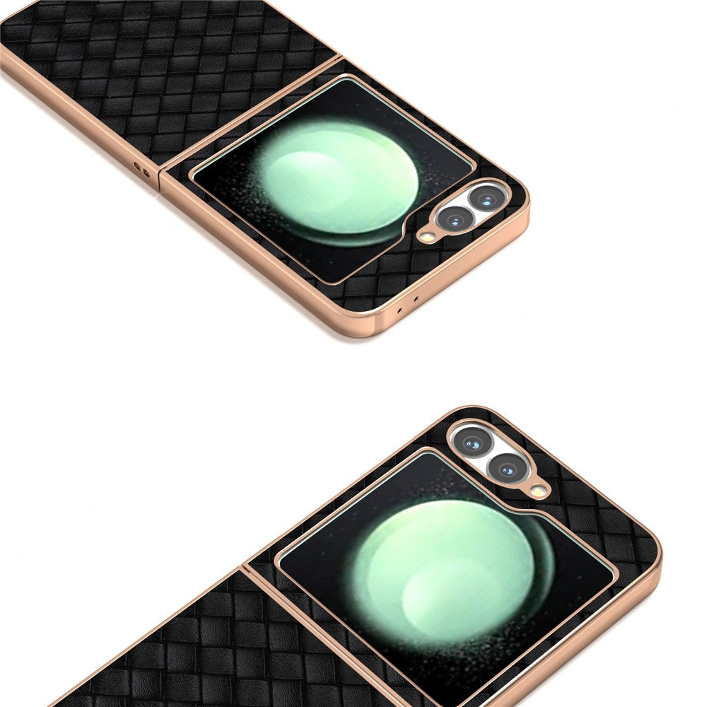 ABEEL For Samsung Galaxy Z Flip7 FE 5G / Z Flip6 5G Case Woven Texture Electroplating Edge Leather Coated PC Phone Cover - Black