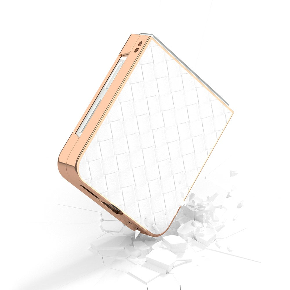 ABEEL For Samsung Galaxy Z Flip7 FE 5G / Z Flip6 5G Case Woven Texture Electroplating Edge Leather Coated PC Phone Cover - White