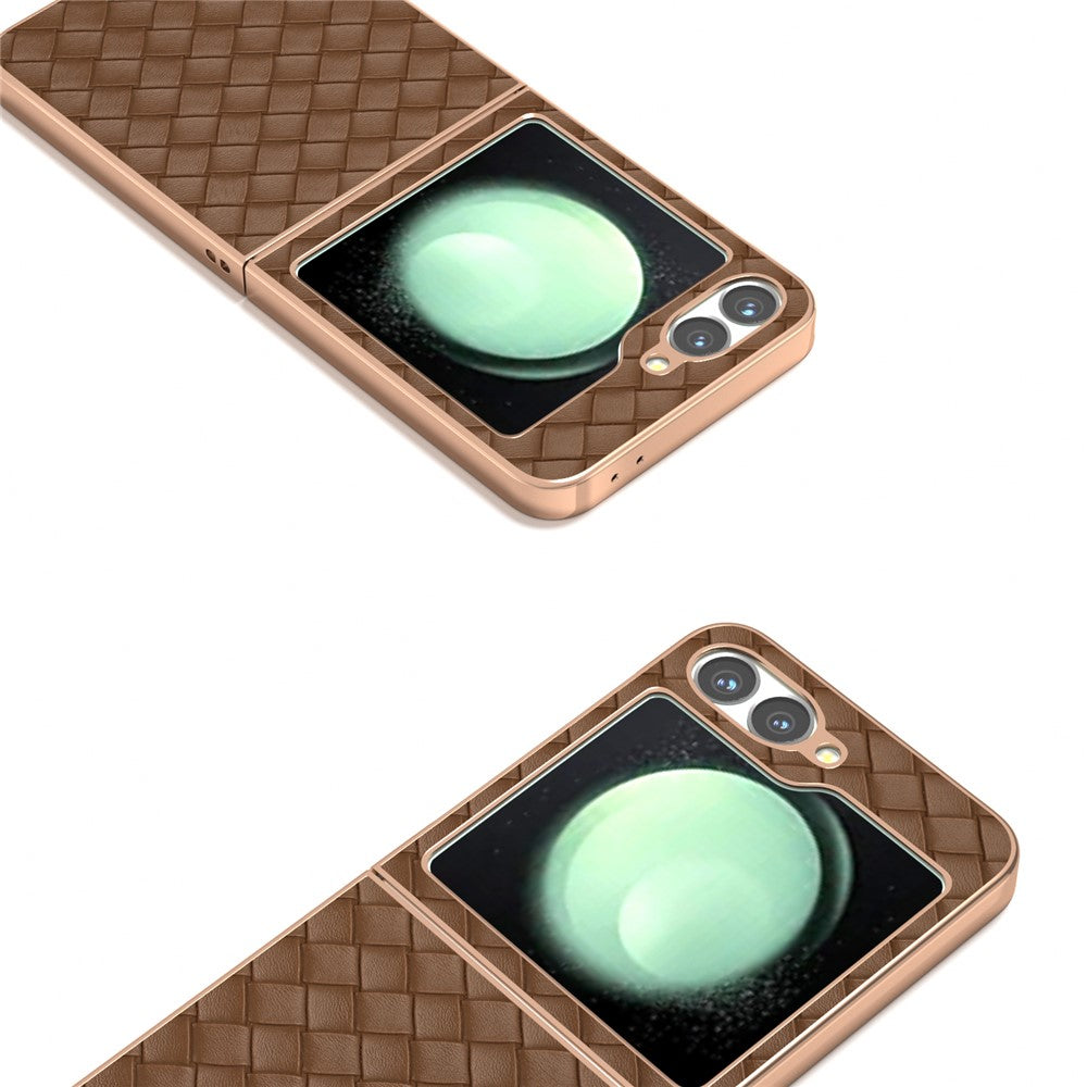 ABEEL For Samsung Galaxy Z Flip7 FE 5G / Z Flip6 5G Case Woven Texture Electroplating Edge Leather Coated PC Phone Cover - Brown