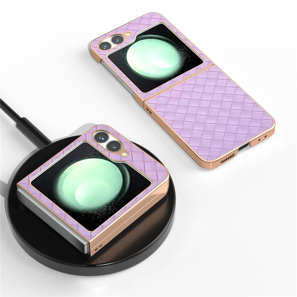 ABEEL For Samsung Galaxy Z Flip7 FE 5G / Z Flip6 5G Case Woven Texture Electroplating Edge Leather Coated PC Phone Cover - Purple