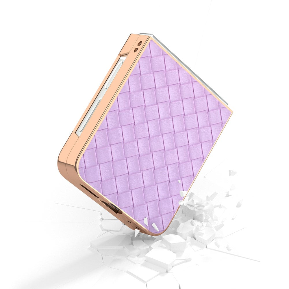 ABEEL For Samsung Galaxy Z Flip7 FE 5G / Z Flip6 5G Case Woven Texture Electroplating Edge Leather Coated PC Phone Cover - Purple