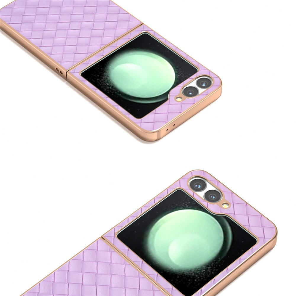 ABEEL For Samsung Galaxy Z Flip7 FE 5G / Z Flip6 5G Case Woven Texture Electroplating Edge Leather Coated PC Phone Cover - Purple