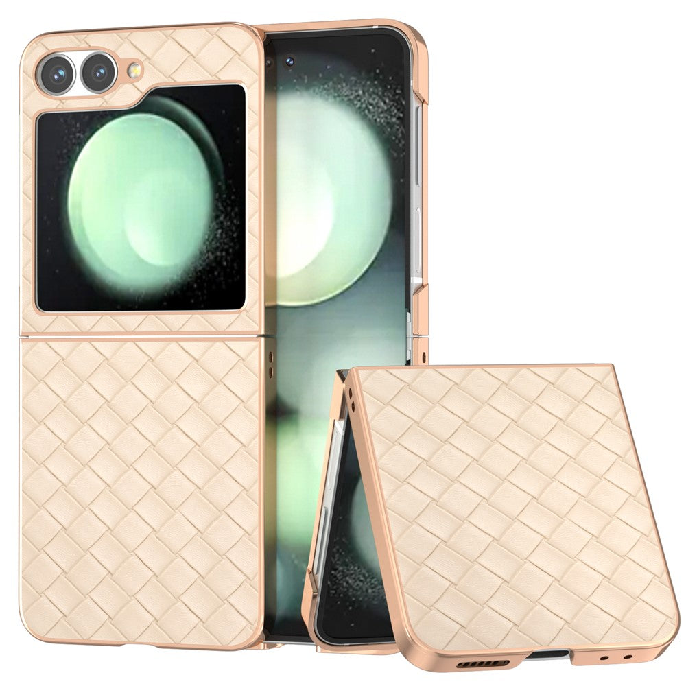 ABEEL For Samsung Galaxy Z Flip7 FE 5G / Z Flip6 5G Case Woven Texture Electroplating Edge Leather Coated PC Phone Cover - Beige