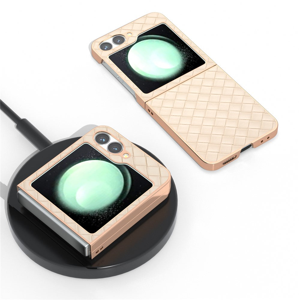 ABEEL For Samsung Galaxy Z Flip7 FE 5G / Z Flip6 5G Case Woven Texture Electroplating Edge Leather Coated PC Phone Cover - Beige