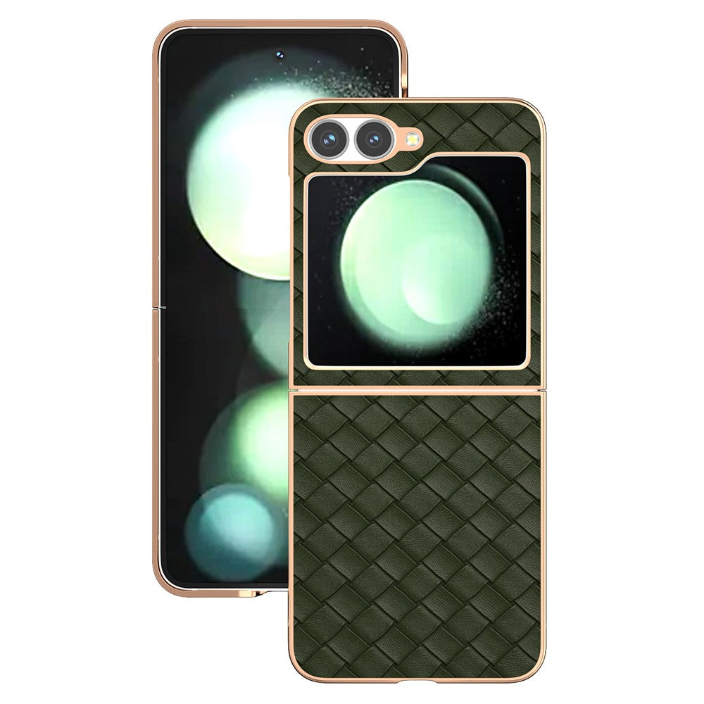ABEEL For Samsung Galaxy Z Flip7 FE 5G / Z Flip6 5G Case Woven Texture Electroplating Edge Leather Coated PC Phone Cover - Green