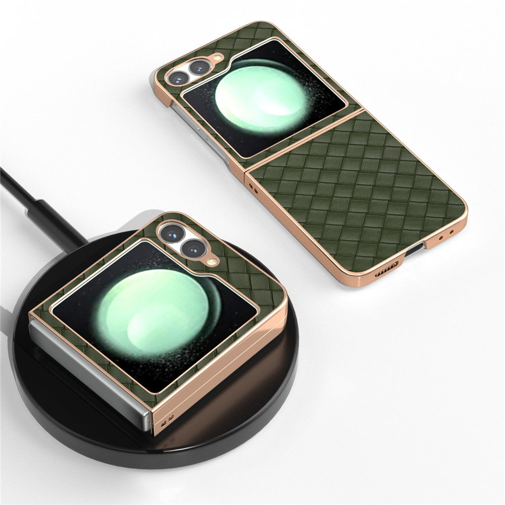ABEEL For Samsung Galaxy Z Flip7 FE 5G / Z Flip6 5G Case Woven Texture Electroplating Edge Leather Coated PC Phone Cover - Green