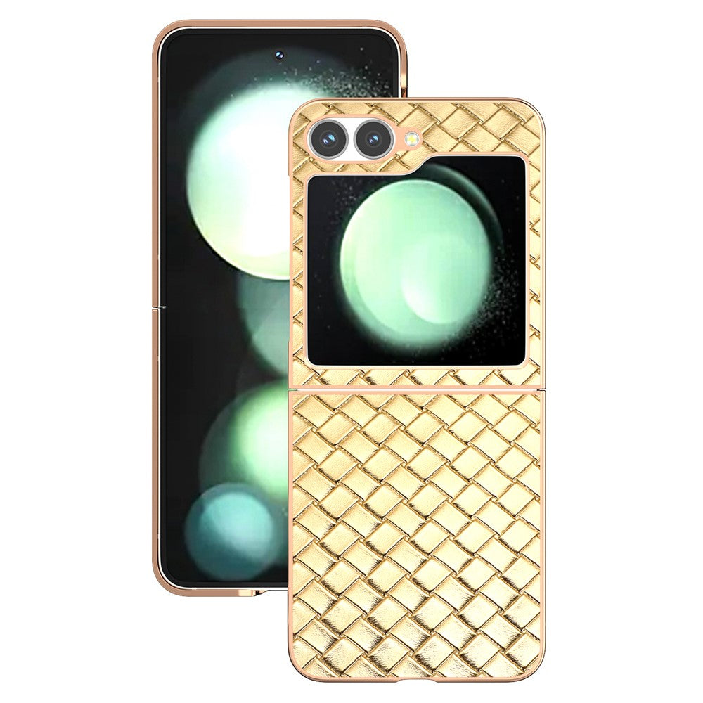ABEEL For Samsung Galaxy Z Flip7 FE 5G / Z Flip6 5G Case Woven Texture Electroplating Edge Leather Coated PC Phone Cover - Gold