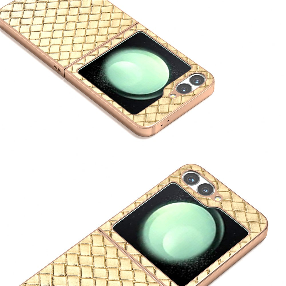 ABEEL For Samsung Galaxy Z Flip7 FE 5G / Z Flip6 5G Case Woven Texture Electroplating Edge Leather Coated PC Phone Cover - Gold