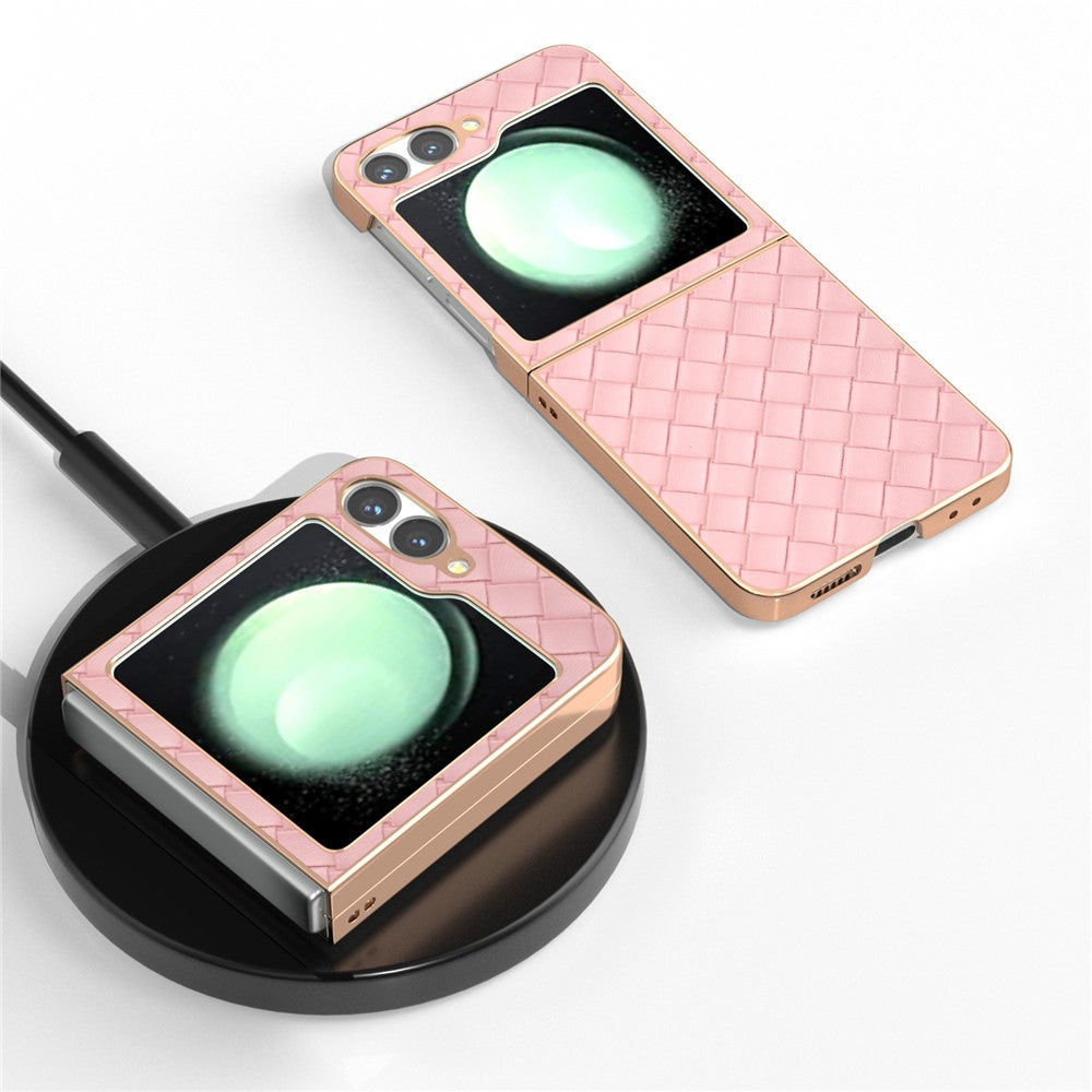 ABEEL For Samsung Galaxy Z Flip7 FE 5G / Z Flip6 5G Case Woven Texture Electroplating Edge Leather Coated PC Phone Cover - Pink
