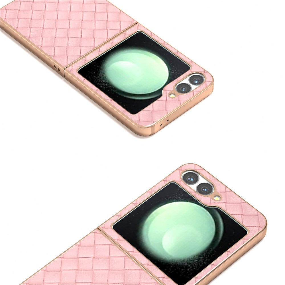 ABEEL For Samsung Galaxy Z Flip7 FE 5G / Z Flip6 5G Case Woven Texture Electroplating Edge Leather Coated PC Phone Cover - Pink