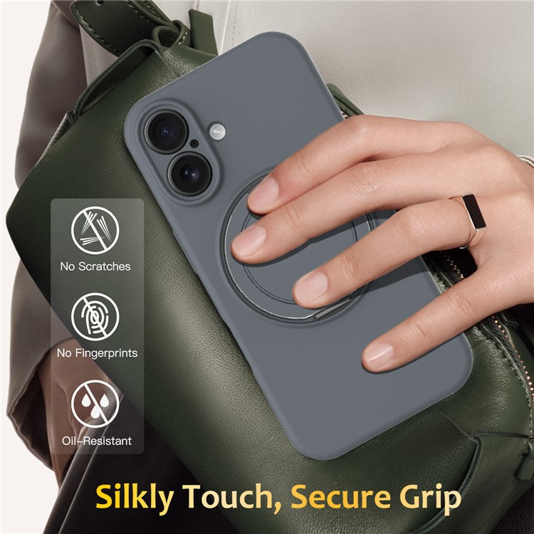 For iPhone 16 Case Compatible with MagSafe Rotating Metal Kickstand PC + Silicone Phone Cover - Grey