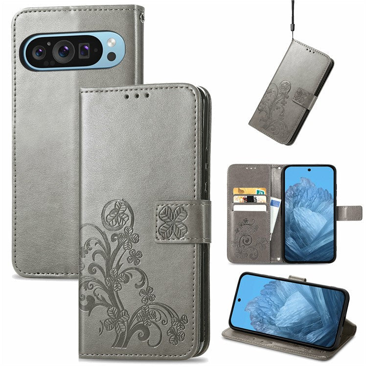 For Google Pixel 9 / Pixel 9 Pro Leather Case Four-Leaf Clover Wallet Phone Cover - Grey