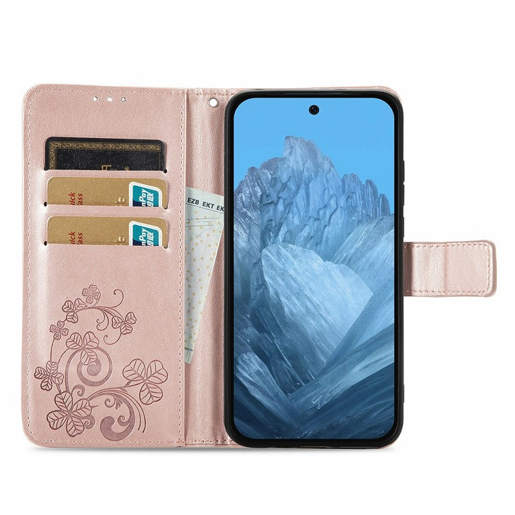 For Google Pixel 9 / Pixel 9 Pro Leather Case Four-Leaf Clover Wallet Phone Cover - Rose Gold