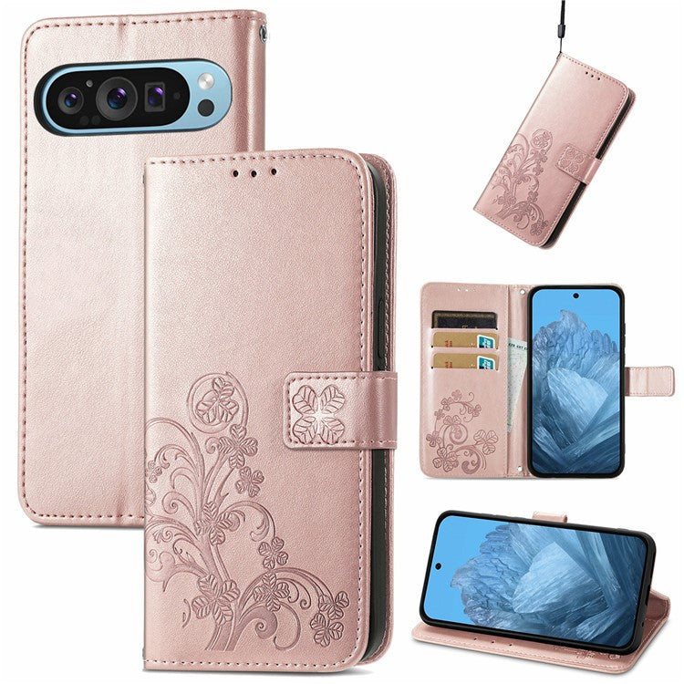 For Google Pixel 9 / Pixel 9 Pro Leather Case Four-Leaf Clover Wallet Phone Cover - Rose Gold