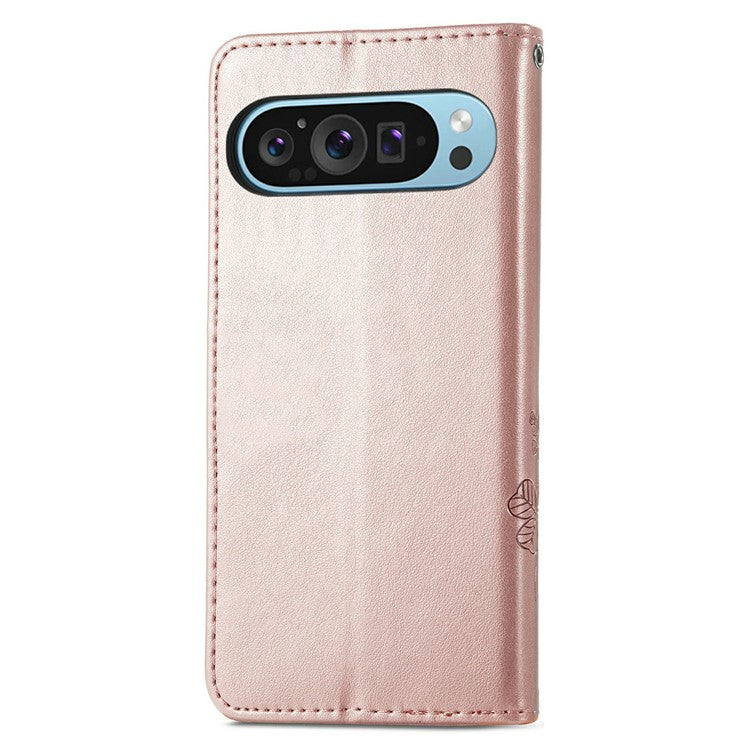 For Google Pixel 9 / Pixel 9 Pro Leather Case Four-Leaf Clover Wallet Phone Cover - Rose Gold