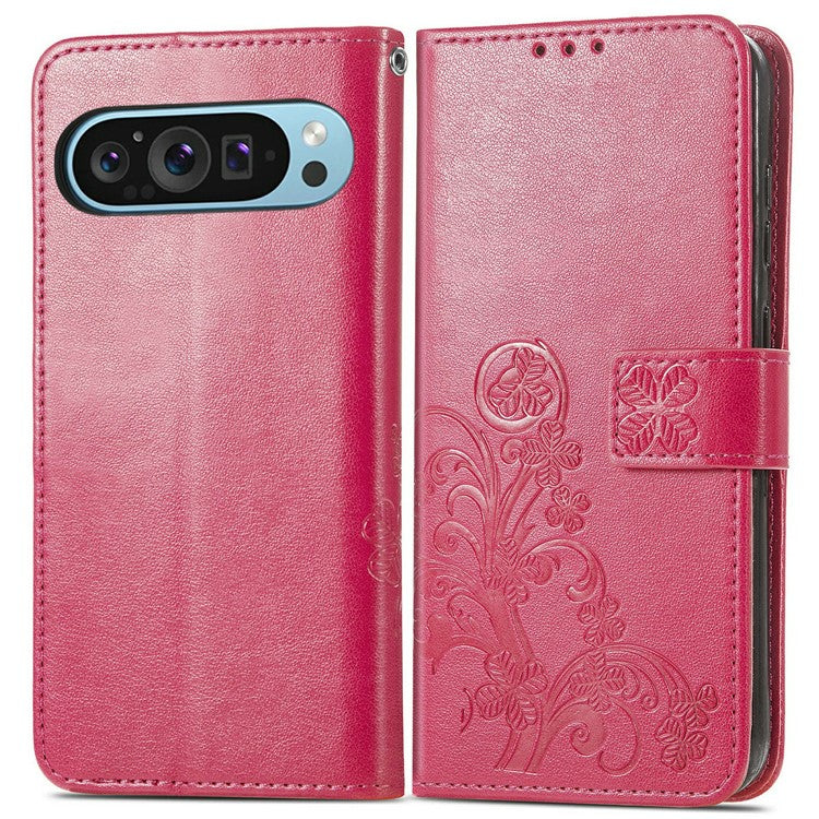 For Google Pixel 9 / Pixel 9 Pro Leather Case Four-Leaf Clover Wallet Phone Cover - Rose