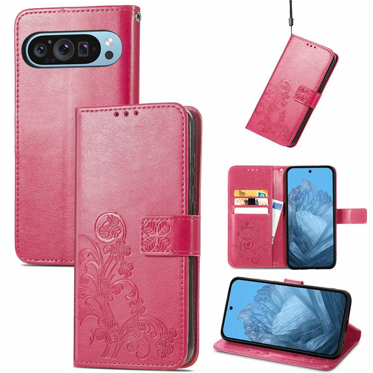 For Google Pixel 9 / Pixel 9 Pro Leather Case Four-Leaf Clover Wallet Phone Cover - Rose