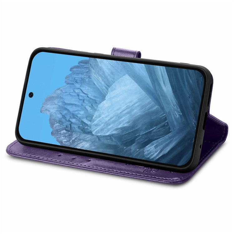 For Google Pixel 9 / Pixel 9 Pro Leather Case Four-Leaf Clover Wallet Phone Cover - Purple