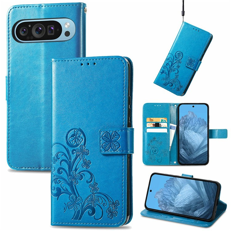 For Google Pixel 9 / Pixel 9 Pro Leather Case Four-Leaf Clover Wallet Phone Cover - Blue