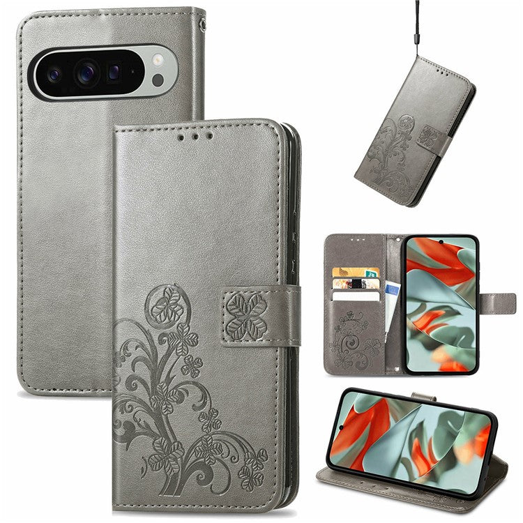 For Google Pixel 9 Pro XL Leather Case Four-Leaf Clover Wallet Phone Cover - Grey