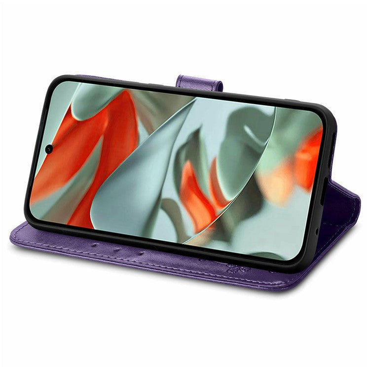 For Google Pixel 9 Pro XL Leather Case Four-Leaf Clover Wallet Phone Cover - Purple