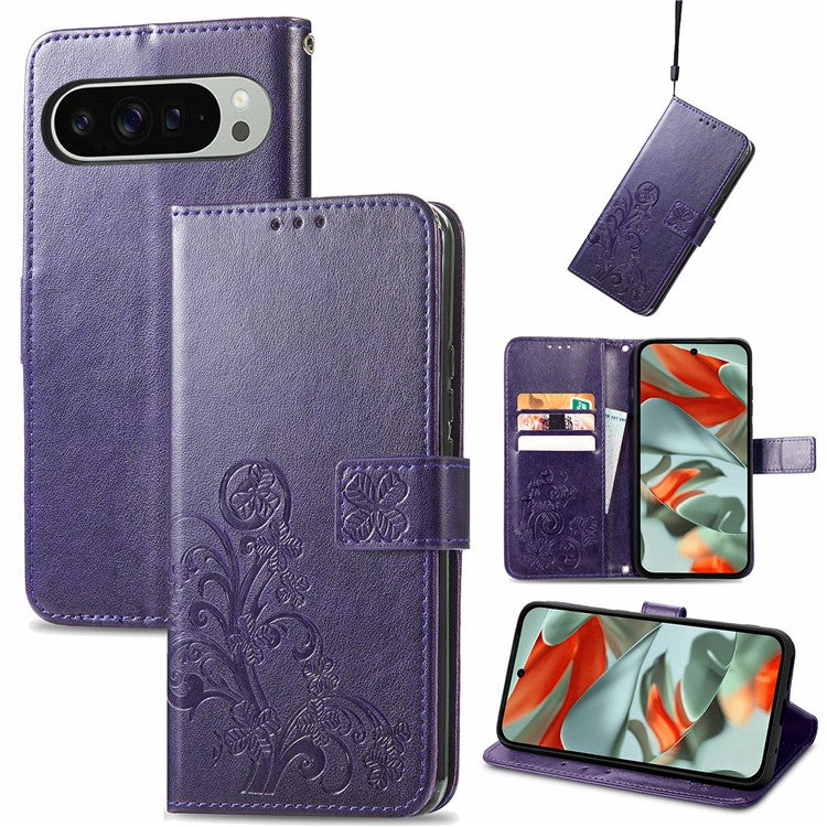 For Google Pixel 9 Pro XL Leather Case Four-Leaf Clover Wallet Phone Cover - Purple