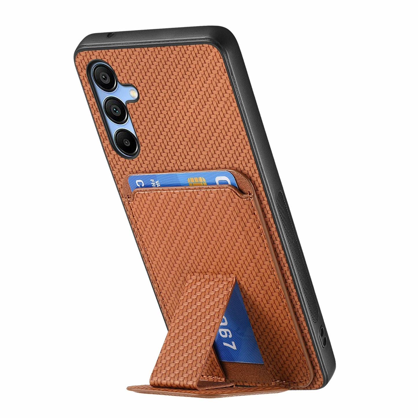 For Samsung Galaxy A16 4G / 5G Case Card Holder Carbon Fiber Texture Leather Coated TPU Phone Cover - Brown