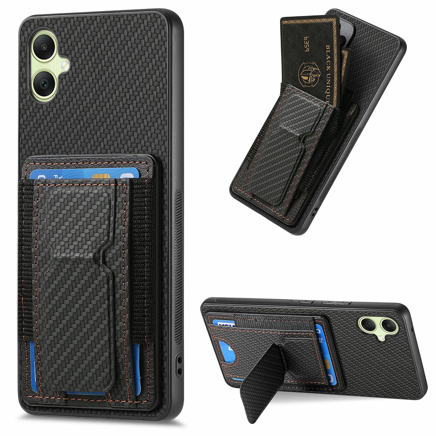 For Samsung Galaxy A06 Case Kickstand Card Holder Leather Back Cover - Black