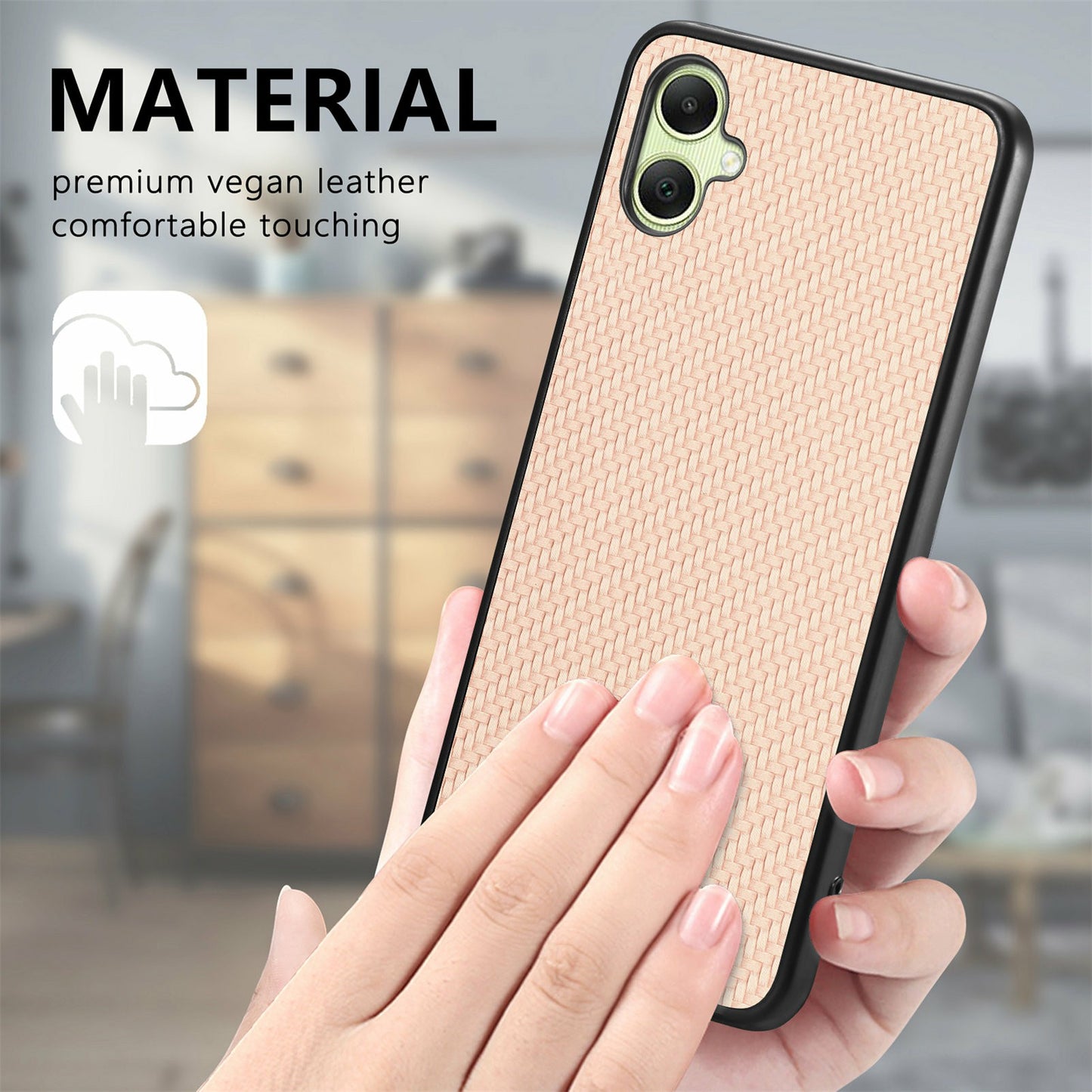 For Samsung Galaxy A06 Case Carbon Fiber Texture PU+PC+TPU Phone Cover - Apricot