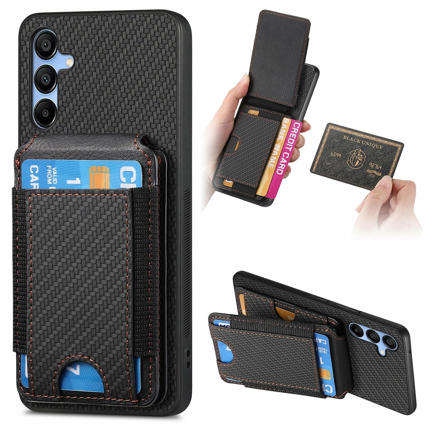 For Samsung Galaxy A16 4G / 5G Case Card Holder Leather+PC+TPU Kickstand Phone Cover - Black