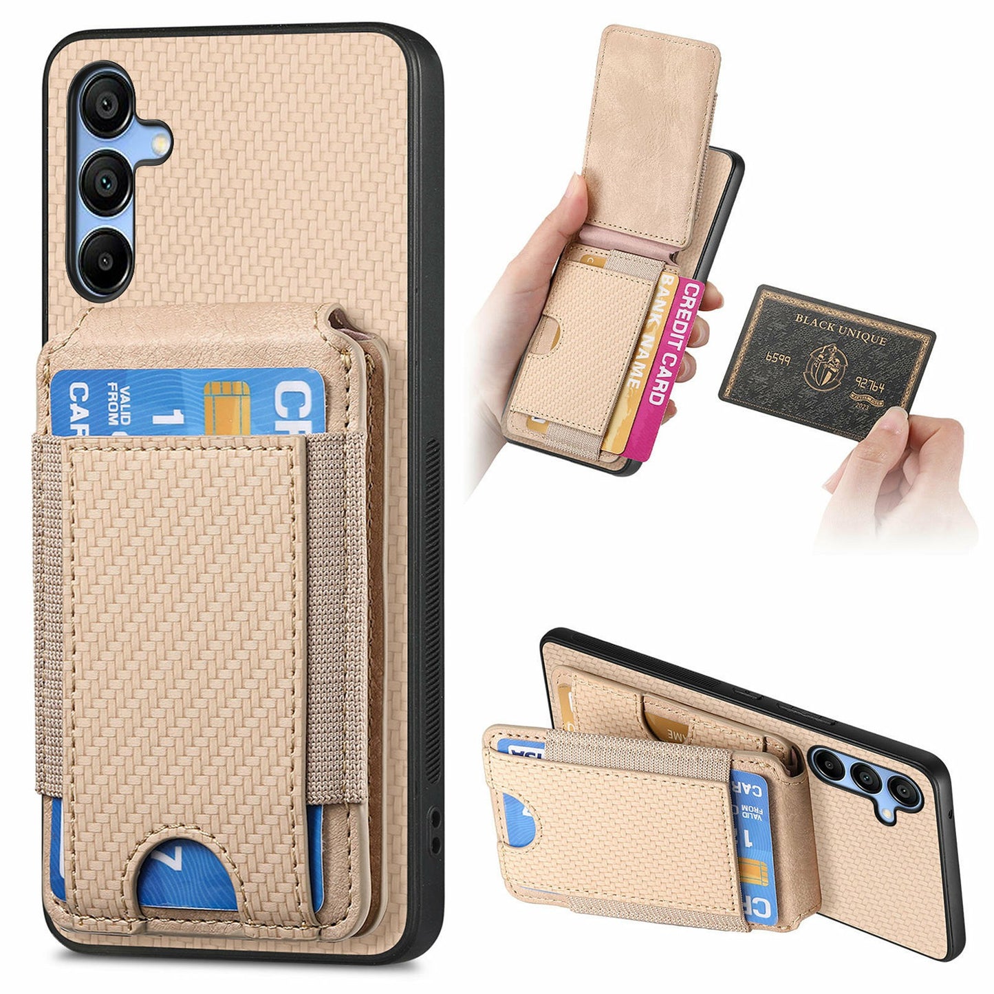 For Samsung Galaxy A16 4G / 5G Case Card Holder Leather+PC+TPU Kickstand Phone Cover - Khaki