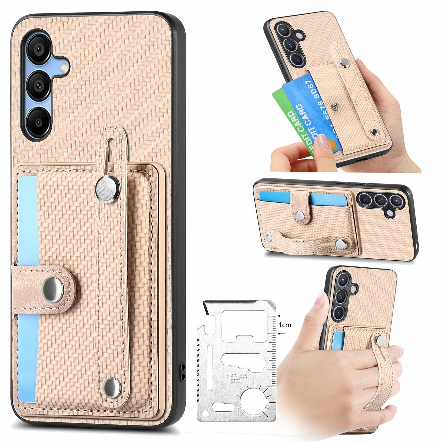 For Samsung Galaxy A16 4G / 5G Case Wristband Anti-Drop Leather Back Cover Card Holder - Khaki
