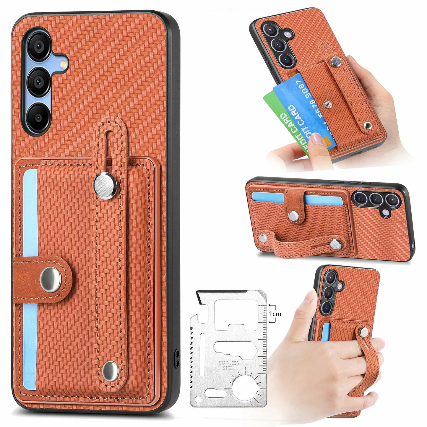 For Samsung Galaxy A16 4G / 5G Case Wristband Anti-Drop Leather Back Cover Card Holder - Brown