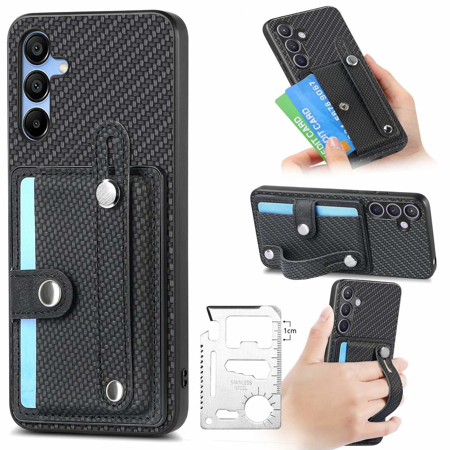 For Samsung Galaxy A16 4G / 5G Case Wristband Anti-Drop Leather Back Cover Card Holder - Black