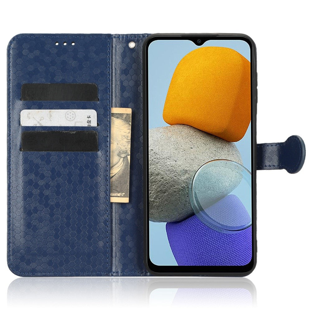 For Samsung Galaxy M23 5G / F23 5G PU Leather Wallet Flip Cover Dot Pattern Imprinted Magnetic Closure Stand Shockproof TPU Phone Case with Strap - Dark Blue