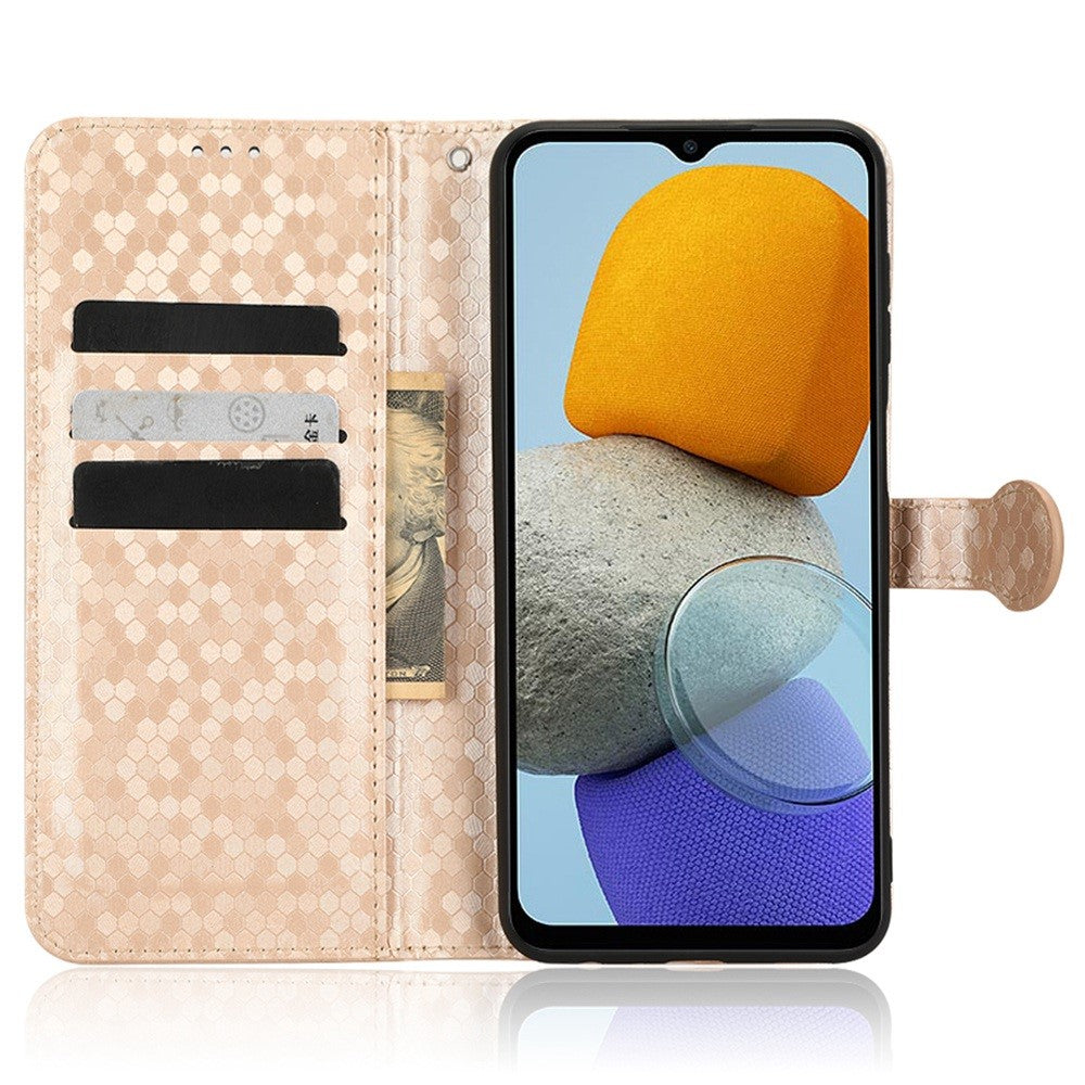 For Samsung Galaxy M23 5G / F23 5G PU Leather Wallet Flip Cover Dot Pattern Imprinted Magnetic Closure Stand Shockproof TPU Phone Case with Strap - Rose Gold