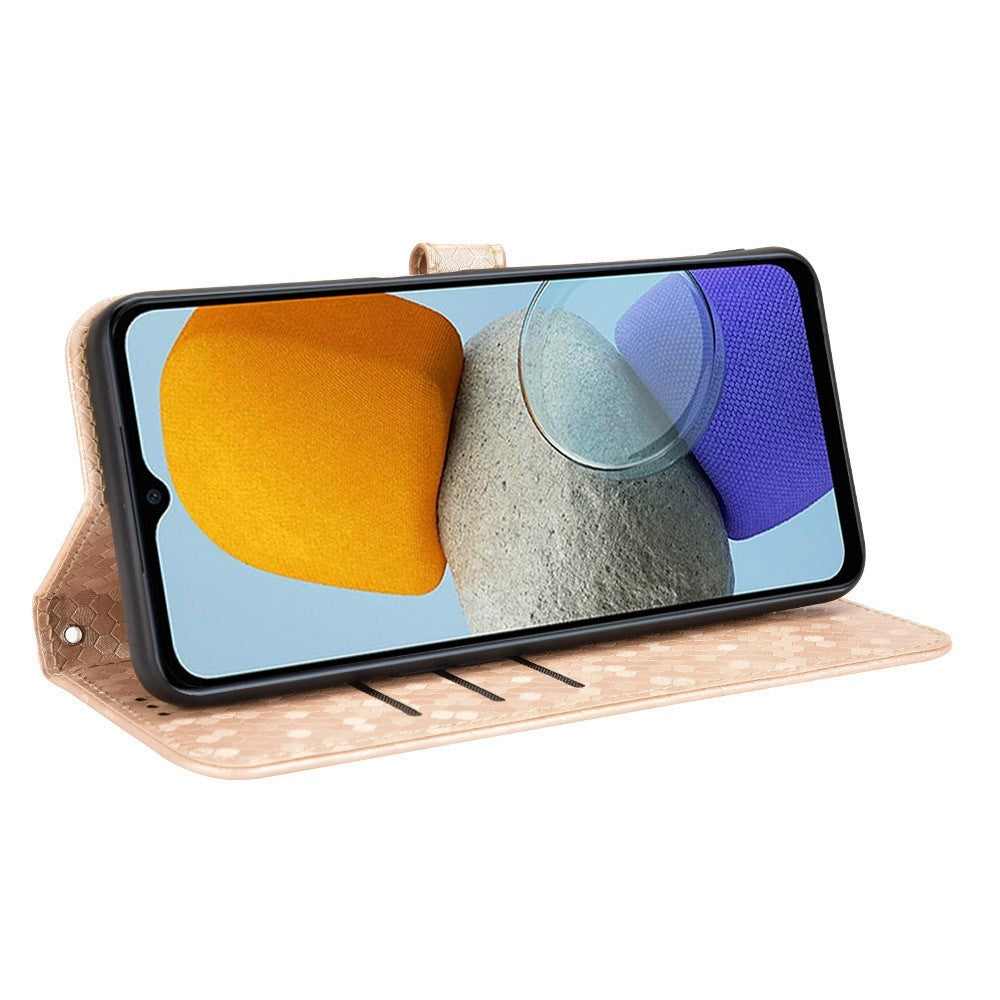 For Samsung Galaxy M23 5G / F23 5G PU Leather Wallet Flip Cover Dot Pattern Imprinted Magnetic Closure Stand Shockproof TPU Phone Case with Strap - Rose Gold
