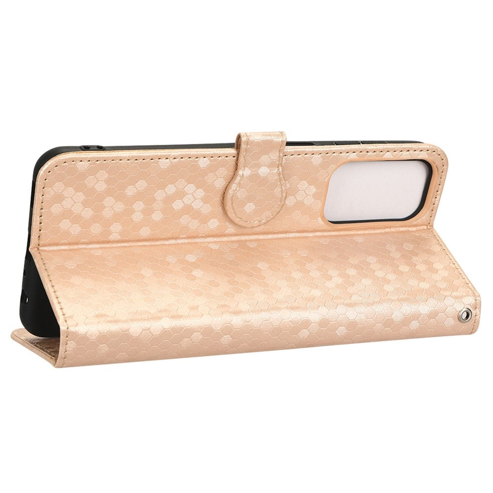 For Samsung Galaxy M23 5G / F23 5G PU Leather Wallet Flip Cover Dot Pattern Imprinted Magnetic Closure Stand Shockproof TPU Phone Case with Strap - Rose Gold